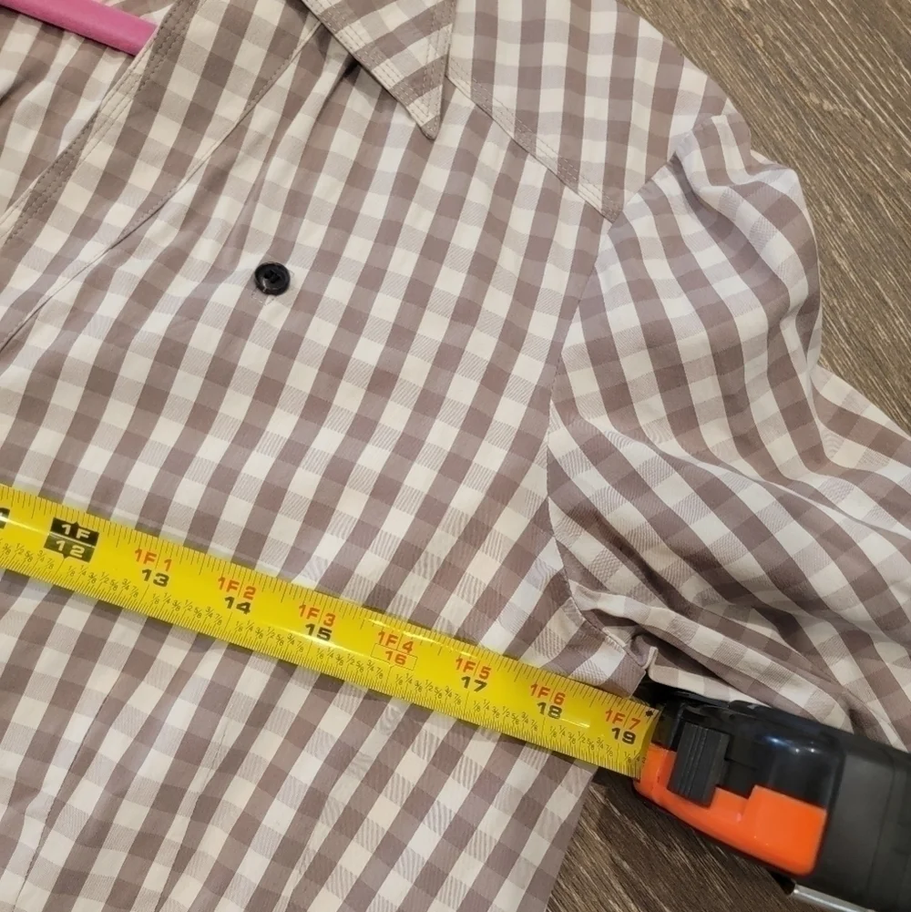 Lafayette 148 Taupe and Cream Plaid Gingham Button Down Blouse size 10 - Picture 5 of 9